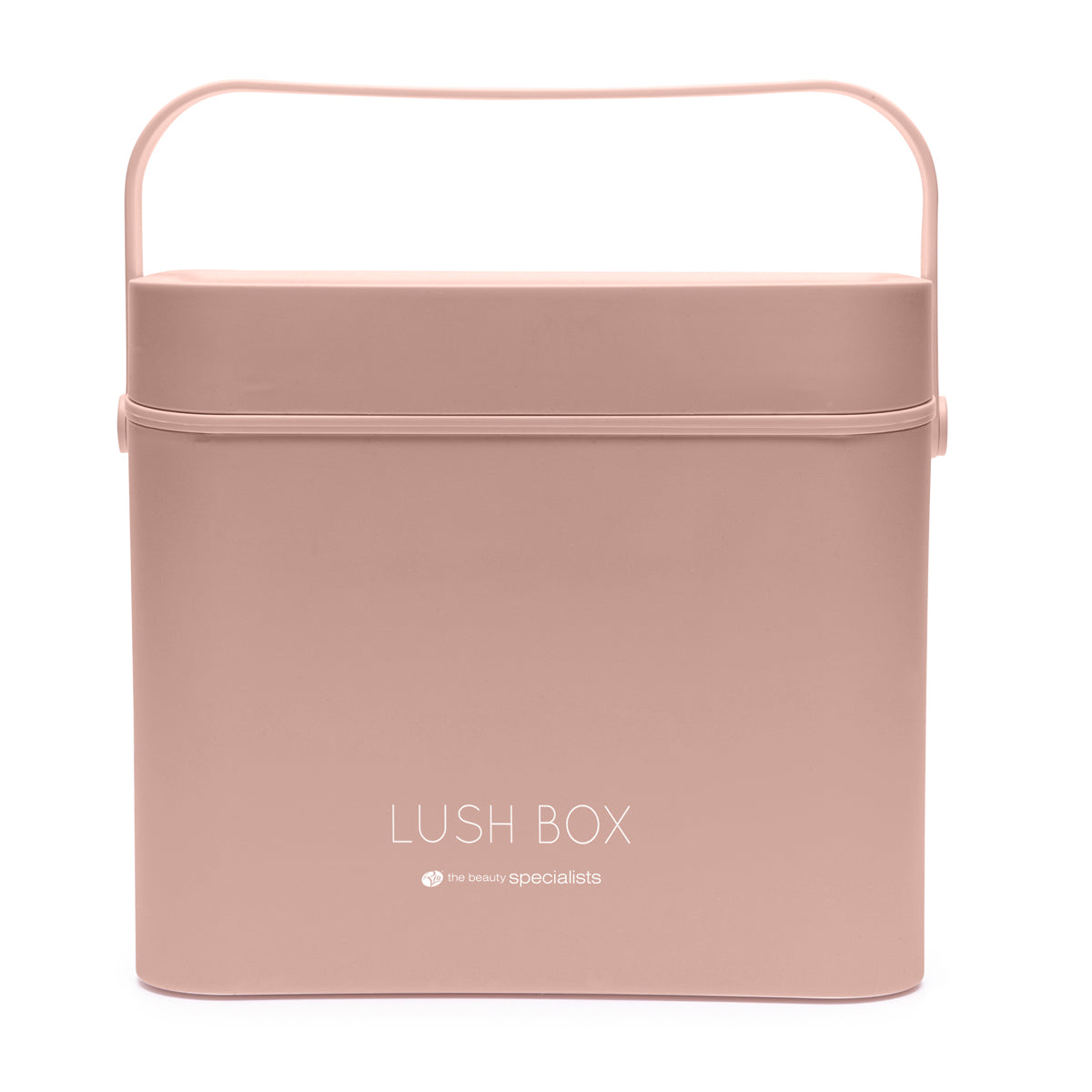 The Rio Lush Box Vanity Case - Large is a square, light pink storage case with a lid and handle, featuring LUSH BOX and the beauty specialists in white—ideal for chic beauty organization.