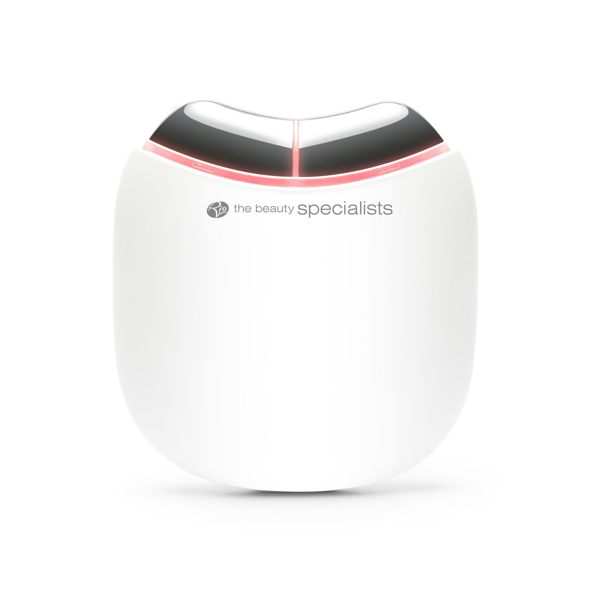 The Rio Face Lift &amp; Tone Facial Toner is a white, oval-shaped device with a metallic V-shaped tip that emits a gentle red light and the beauty specialists on the front—ideal for anti-aging and skin toning routines.