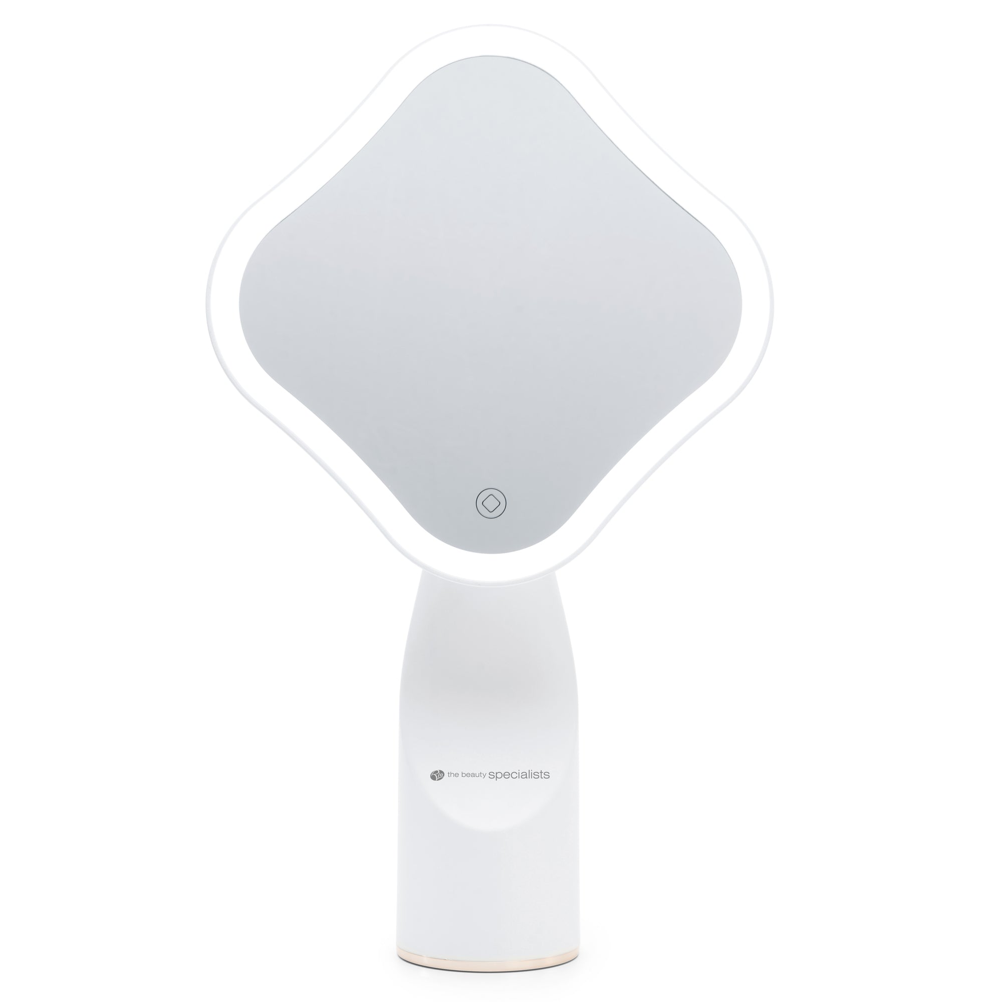 The Rio Illuminated Full Size Beauty Mirror is a modern cordless mirror with a white handle and clover-shaped LED-lit reflective surface.