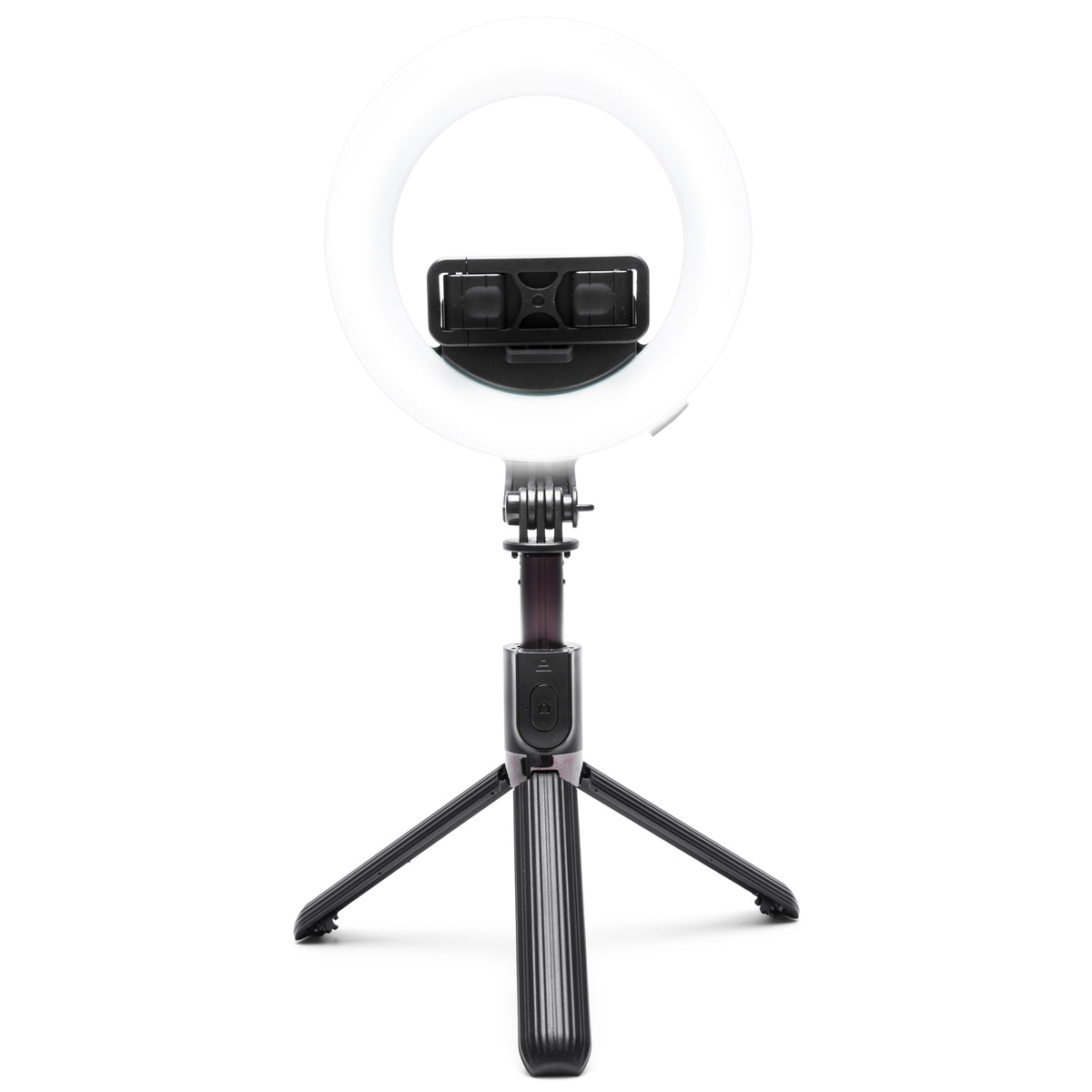 The Rio GlamourGlow Pro Beauty &amp; Vlogging Ring Light, featuring a center phone holder on a compact black tripod stand, is ideal for vlogging or makeup and is shown front-facing against a white background.