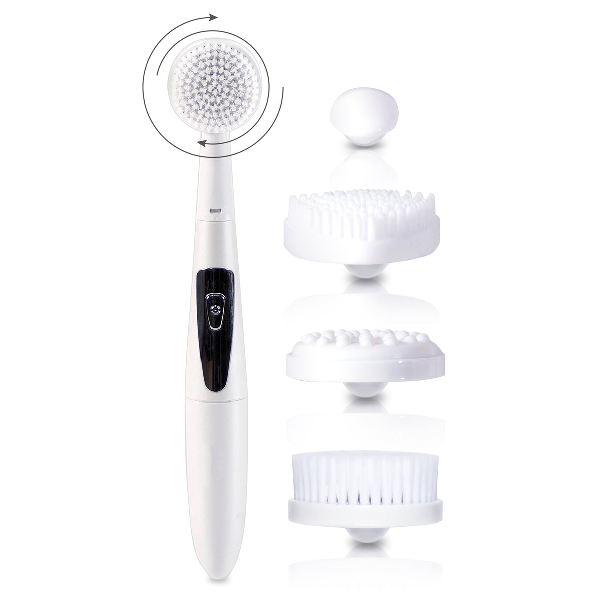 Rio 4 in 1 Facial Cleansing Brush, Exfoliator and Massager comes with three interchangeable brush heads and a massaging head, shown separately next to the handle. An arrow illustrates its gentle rotating action for effective skin cleansing.