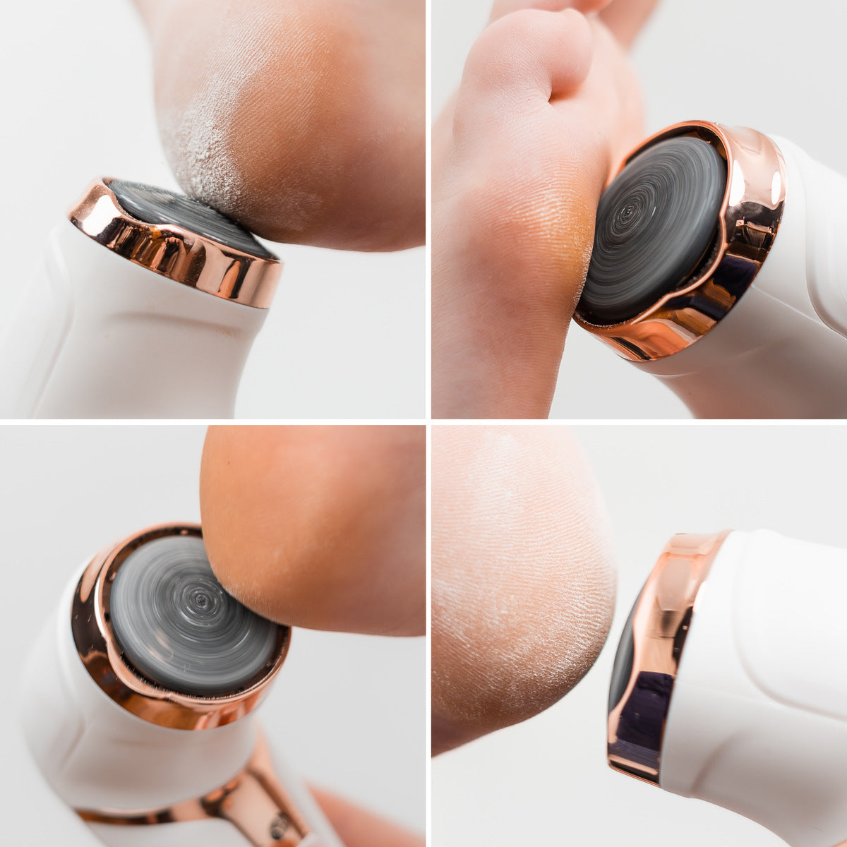 Four close-up images show the Rio Go Smooth Electric Foot File Hard Skin Remover with Vacuum Action, featuring a white handle and rose gold trim, in use on dry heels—before, during, and after achieving beautifully smooth feet.