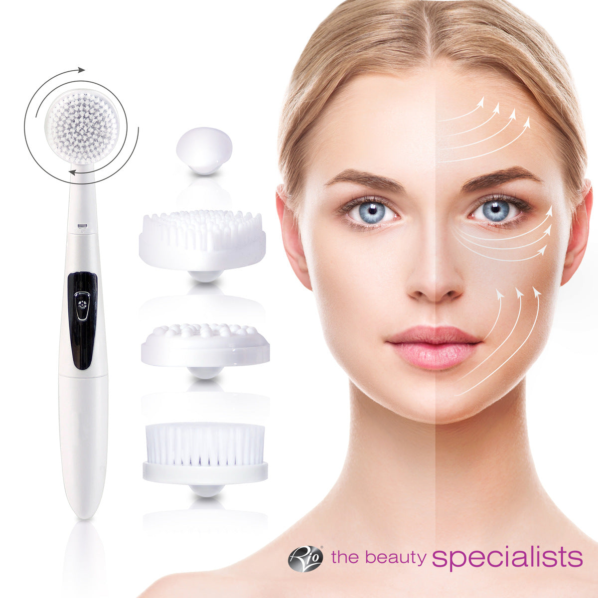 The Rio 4 in 1 Facial Cleansing Brush, Exfoliator and Massager with four interchangeable heads is shown beside a womans face with white contour lines indicating facial massage and exfoliation paths. The Rio logo appears at the bottom.