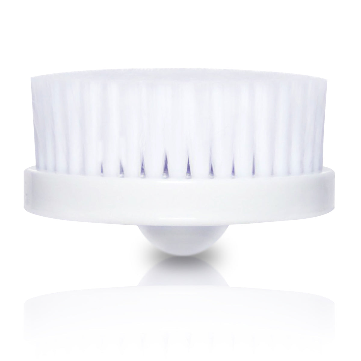 The Rio 4 in 1 Facial Cleansing Brush, Exfoliator and Massager features a white, round brush head with soft bristles and a plastic base, designed for gentle cleansing and exfoliation, shown on a white background with a subtle reflection.