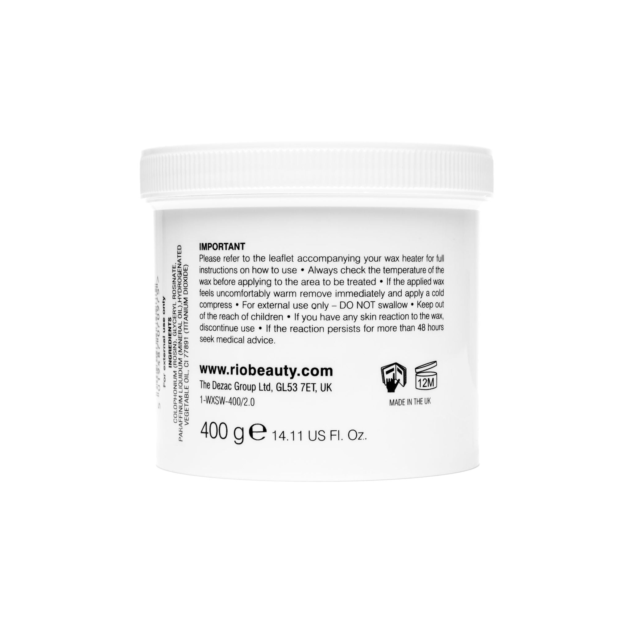 The Go Smooth Hair Removal Home Waxing Kit by Rio comes in a white plastic jar with a screw-top lid, labeled with usage instructions, 400g/14.11 US fl. oz., hair removal warnings, and www.riobeauty.com—ideal for at-home waxing.