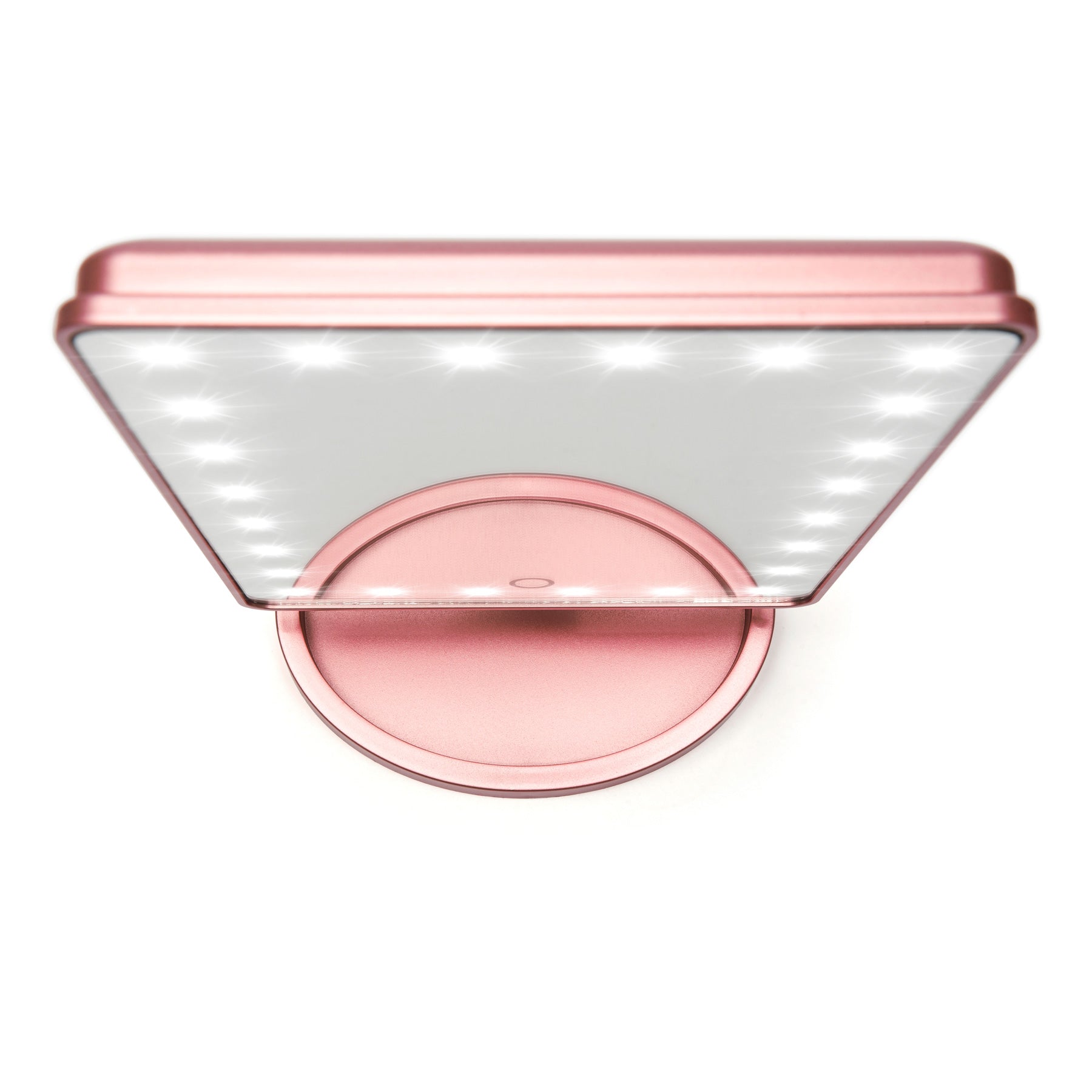 A top view of the Rio Rose Gold 24 LED Makeup Mirror, featuring built-in edge lights, a sleek rectangular design on a circular base, and a removable 10X mini magnifying mirror for flawless application.