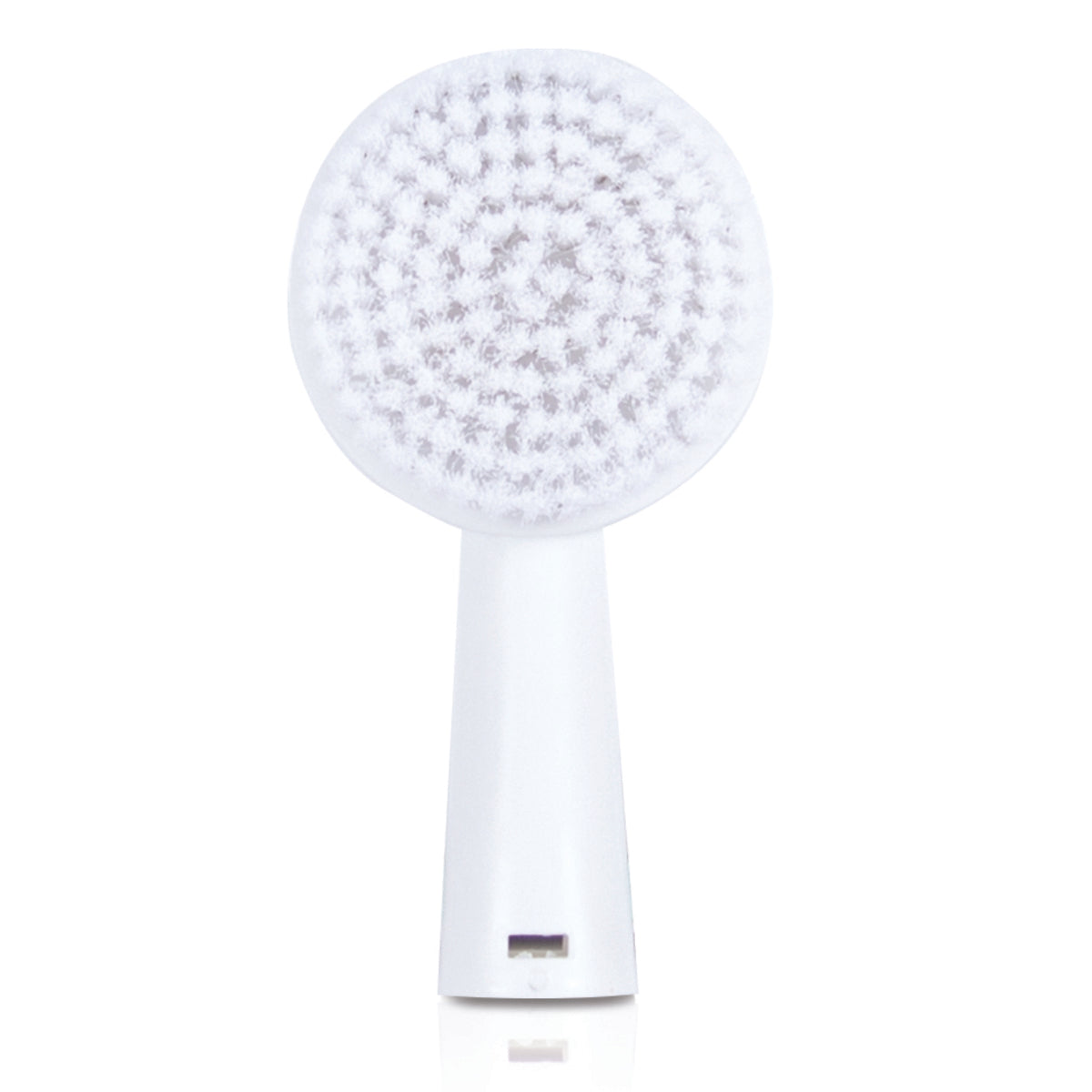 The Rio 4 in 1 Facial Cleansing Brush, Exfoliator and Massager features a white brush head with soft, dense bristles for gentle exfoliation and massage. Shown with a short handle against a plain white background.