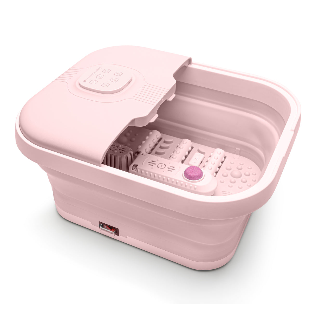 Angled product shot of foot spa with textured rollers and pumice stone for deep massage therapy.