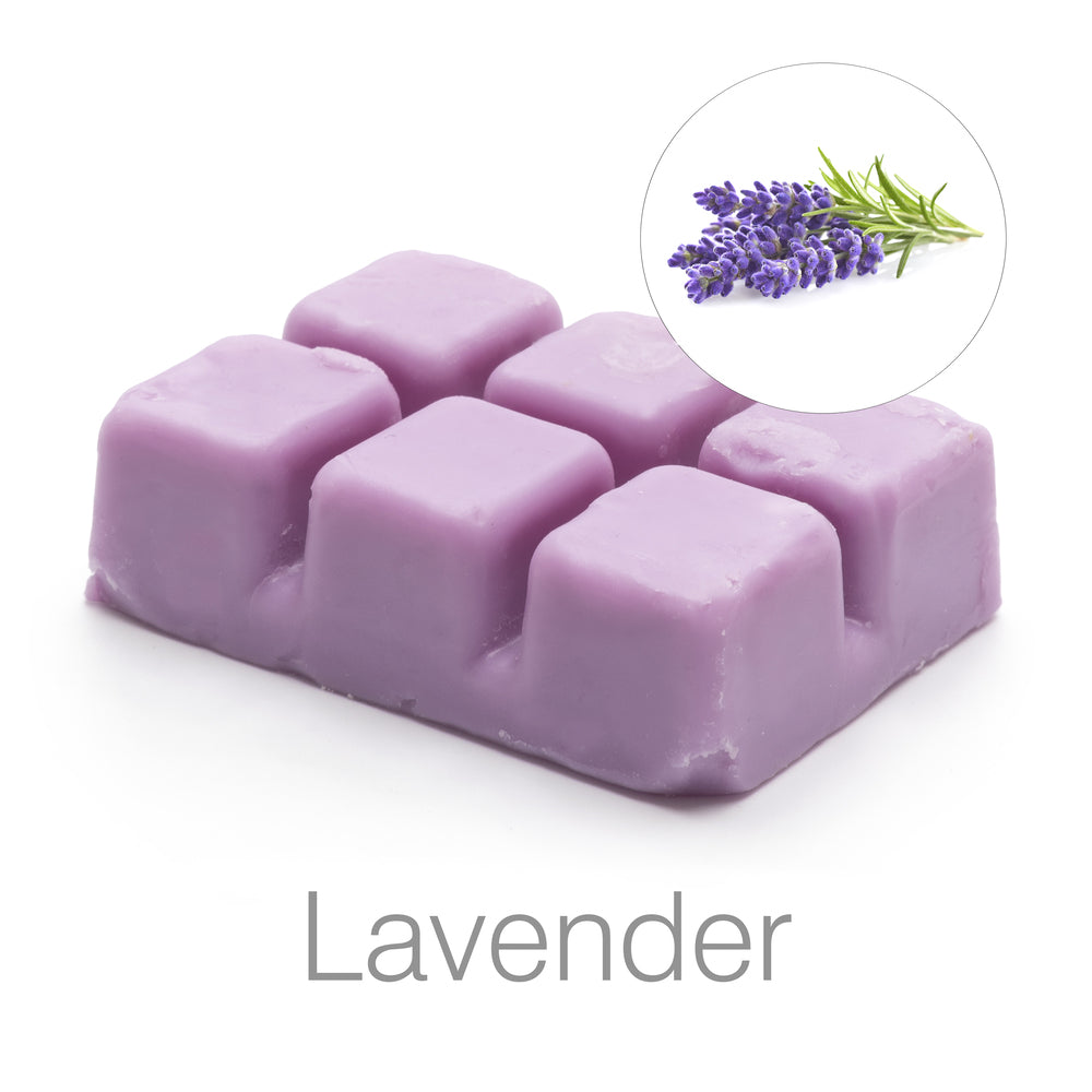 Rio Scented Soy Wax Melt - Lavender Fragrance: Six purple melts labeled Lavender, with a lavender flower sprig image in the top right—ideal for your favorite wax burners.