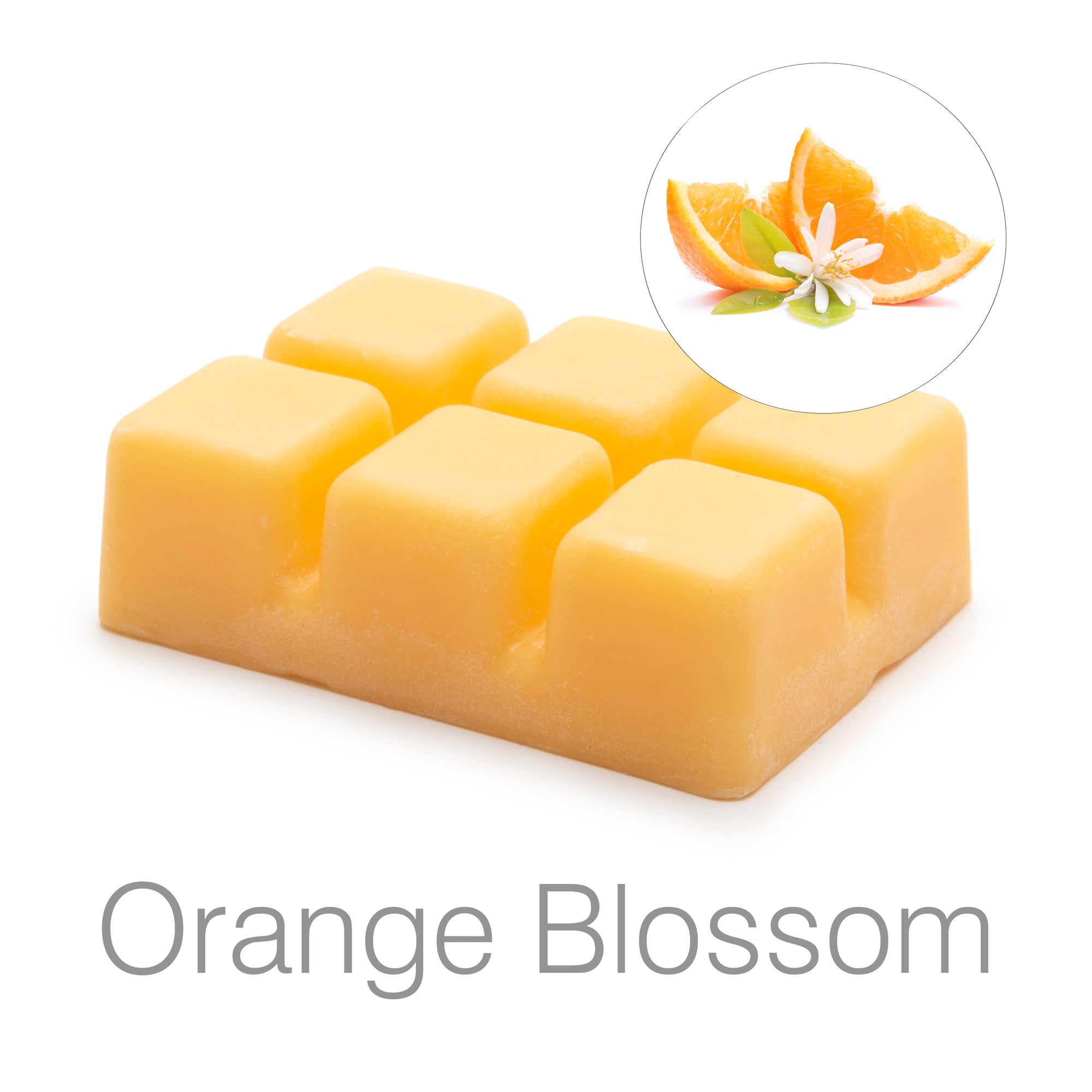 The Rio Scented Soy Wax Melts - Pack of 5 Fragrances includes yellow, square-shaped wax melts labeled Orange Blossom, featuring images of orange slices and white flowers—ideal for wax burners to enjoy delightful scents.