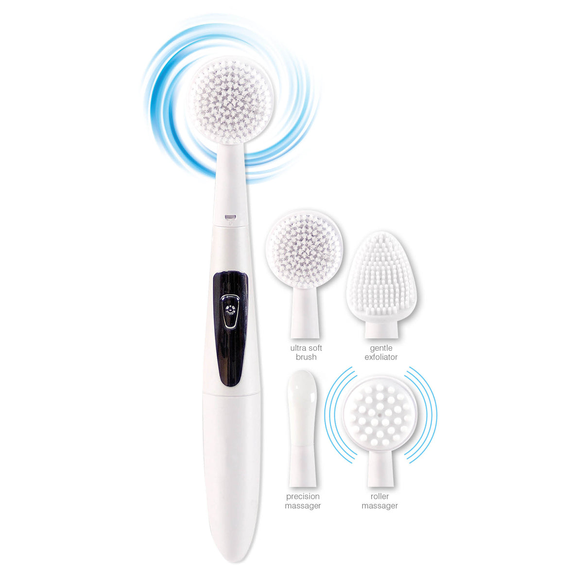 The Rio 4 in 1 Facial Cleansing Brush, Exfoliator and Massager features four interchangeable heads—ultra soft brush, gentle exfoliator, precision massager, and roller massager—shown on a white background with blue motion graphics.