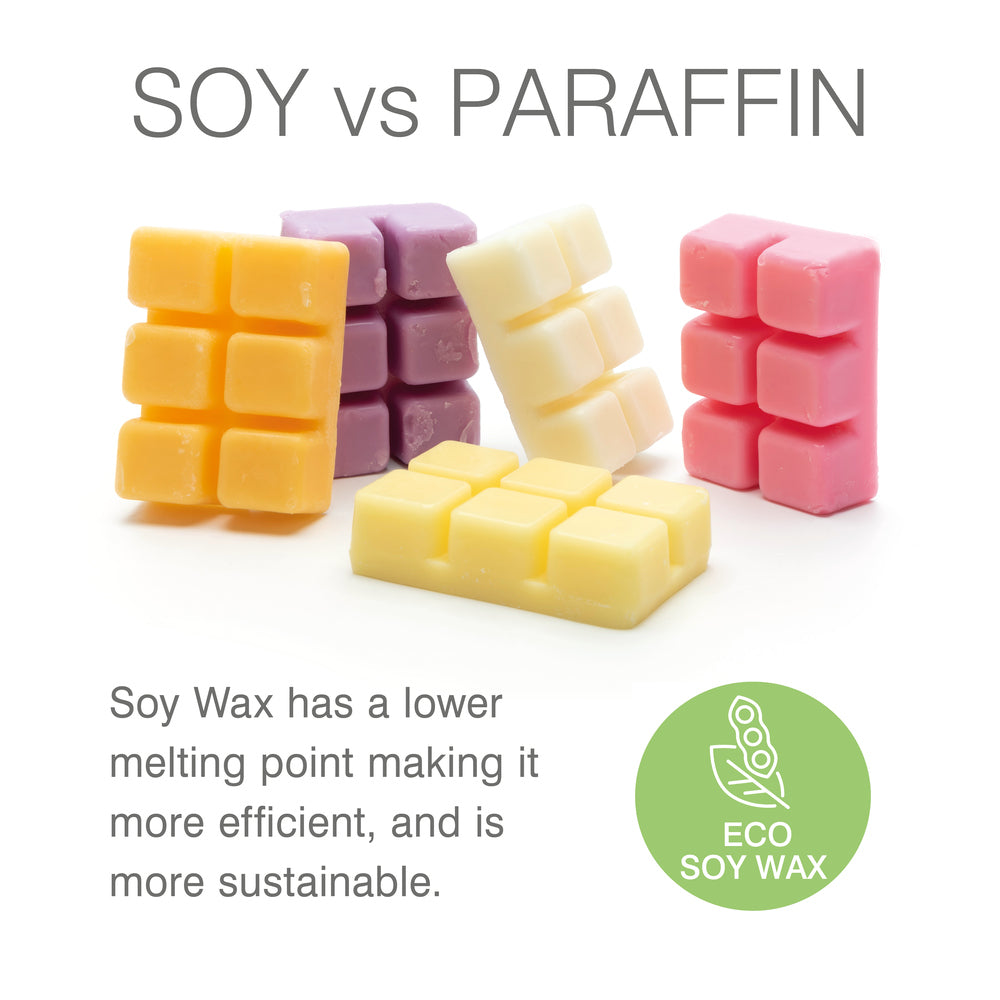 Rio’s Scented Soy Wax Melt - Jasmine Fragrance features colorful soy wax in yellow, pink, purple, and cream. A comparison to paraffin notes eco-friendly soy’s lower melting point for wax burners. Includes an eco soy wax icon.