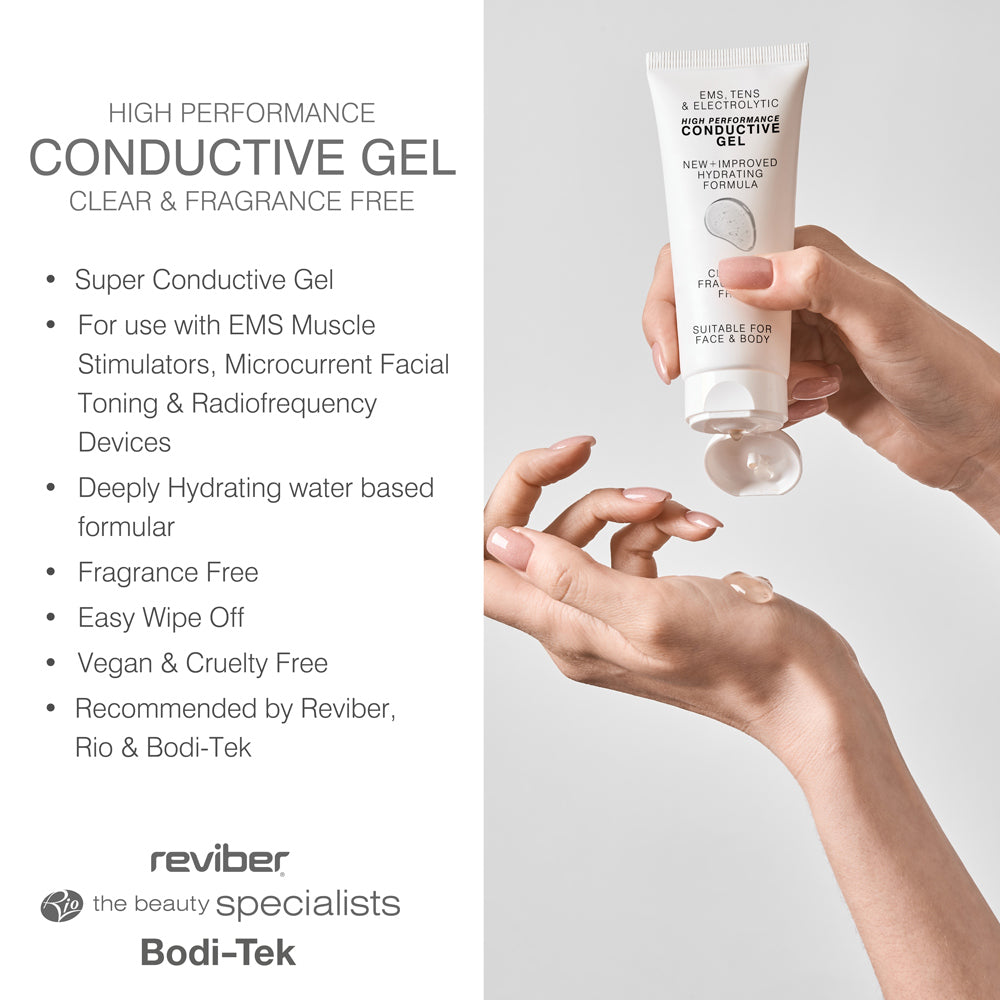 A person dispenses Rio EMS, TENS, Electrolytic and Micro-Current Toning Conductive Gel 85ml from a white tube onto their fingers. Features listed include fragrance-free, vegan, easy wipe-off, and use with EMS toning and micro-current devices.