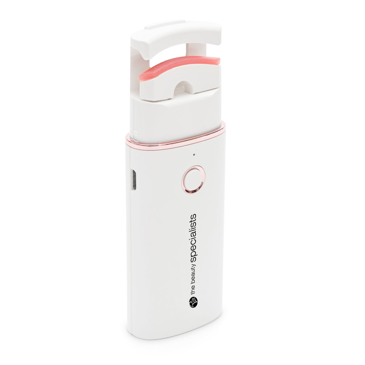 The Rio WOW Lash Heated Eyelash Curler is a compact, white handheld device with a pink curved pad and front button. Its modern design and small charging port let you curl your lashes easily and beautifully.