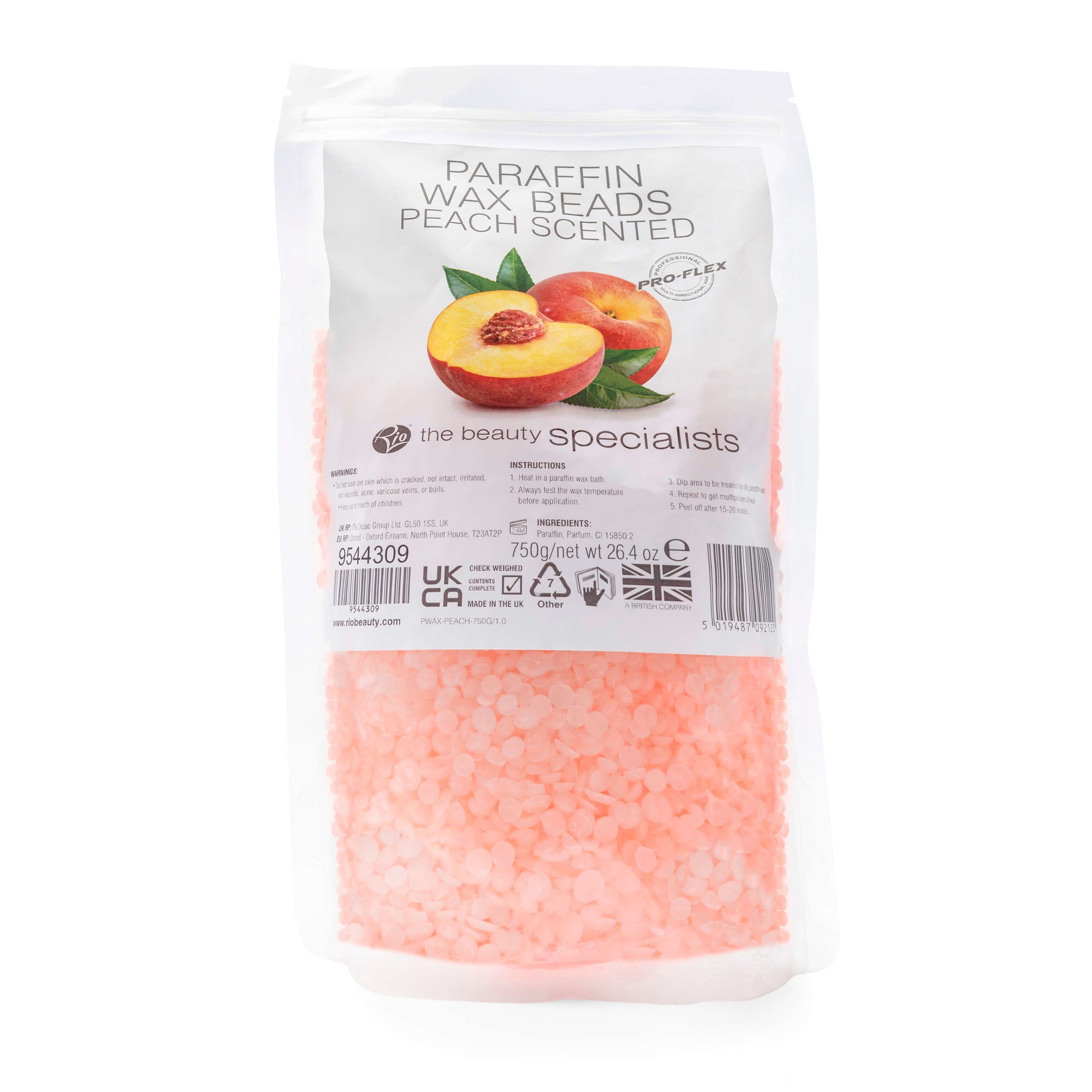 Rio Paraffin Wax Peach Beads 750g: a clear bag of small, pink, peach-scented wax beads featuring a peach image on the label. Ideal for moisturizing treatments, with ingredient and product details shown.