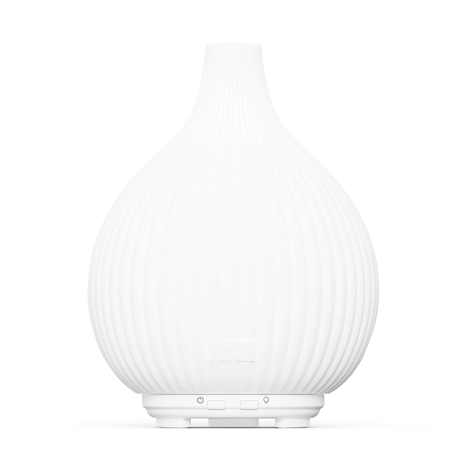 The Rio LYLA Aroma Diffuser, Humidifier & Night-Light features a modern ribbed teardrop design in white with simple controls at the base—perfect for refreshing your space and relaxing with soothing scents. Shown against a plain white background.
