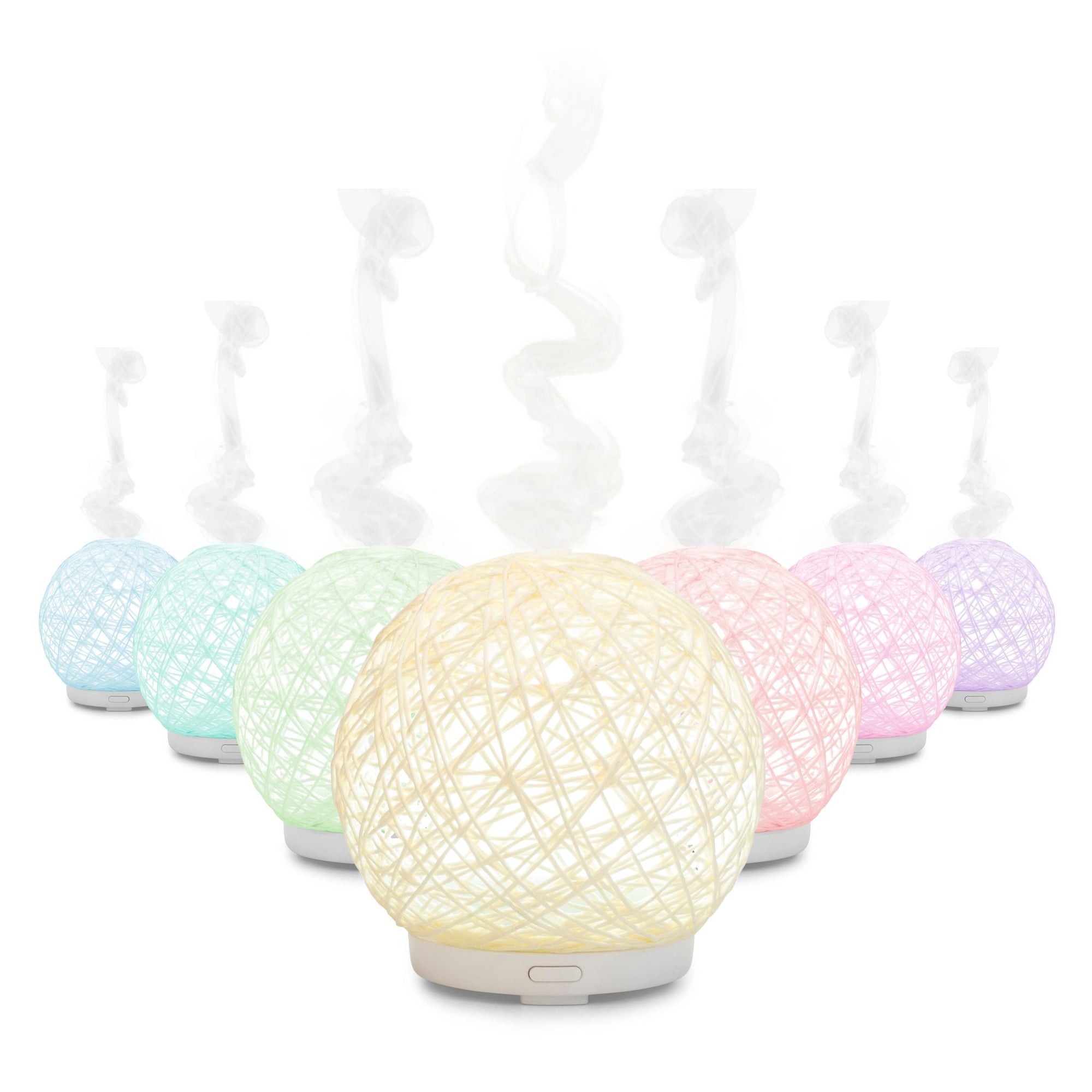 The Rio Lola Aroma Diffuser, Humidifier, and Night Light features a woven texture and comes in soothing pastel shades of blue, green, yellow, pink, and purple—emitting swirling mist to transform any room into a tranquil haven.