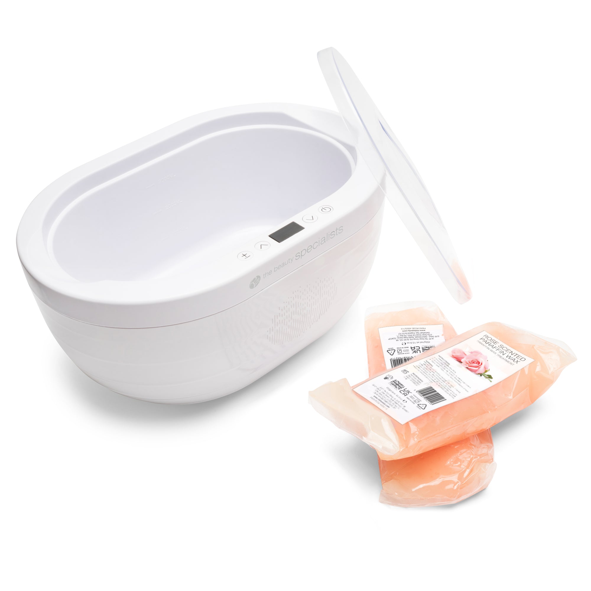 The Rio Paraffin Wax Heater spa bath, shown in white with its lid open and digital display, offers skin hydration and comfort. Two sealed orange paraffin wax packs are placed beside the unit.