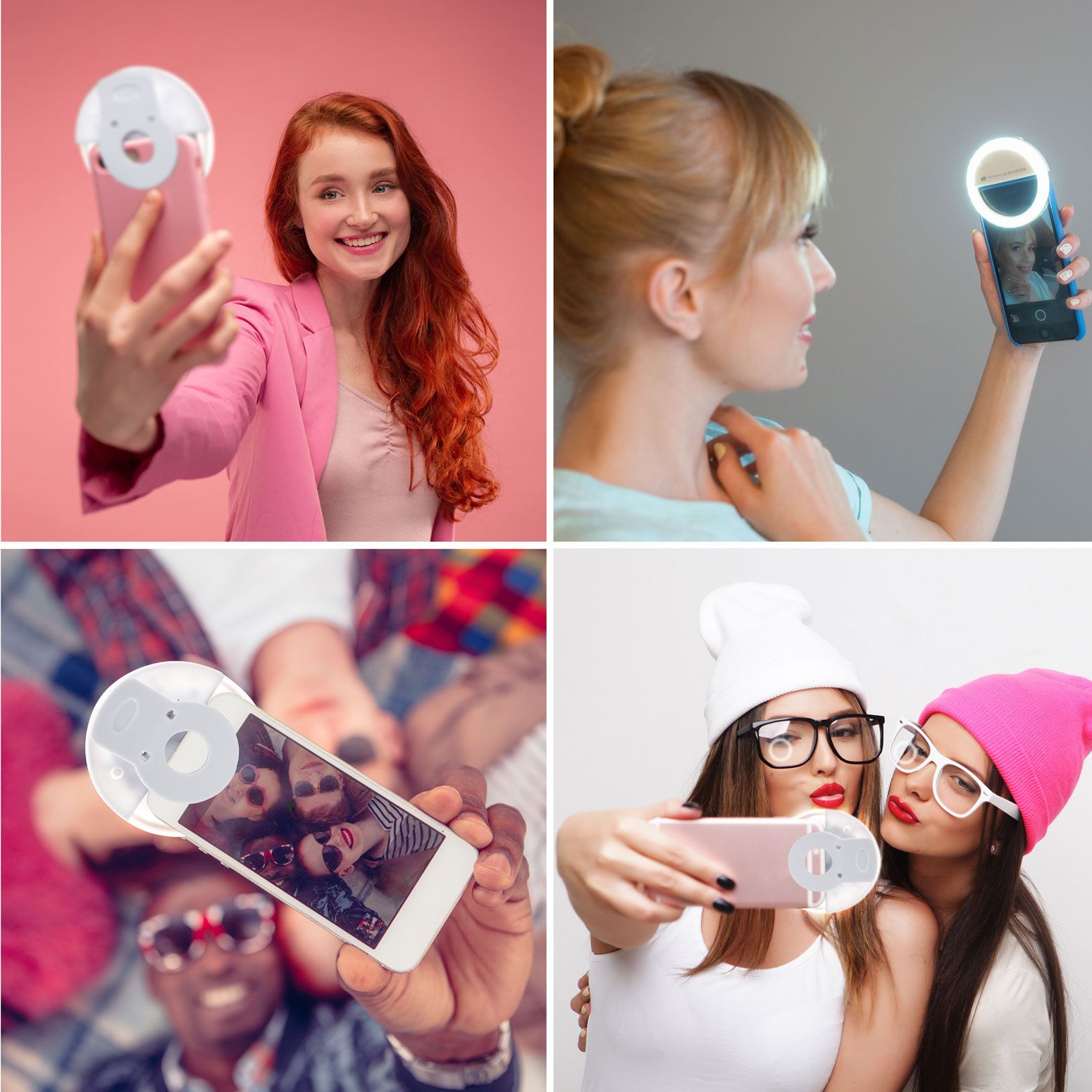 A collage of four images shows people using the Rio Beauty Glow Smartphone Ring Light with their smartphones to take selfies, highlighting the accessory in various settings and group shots.