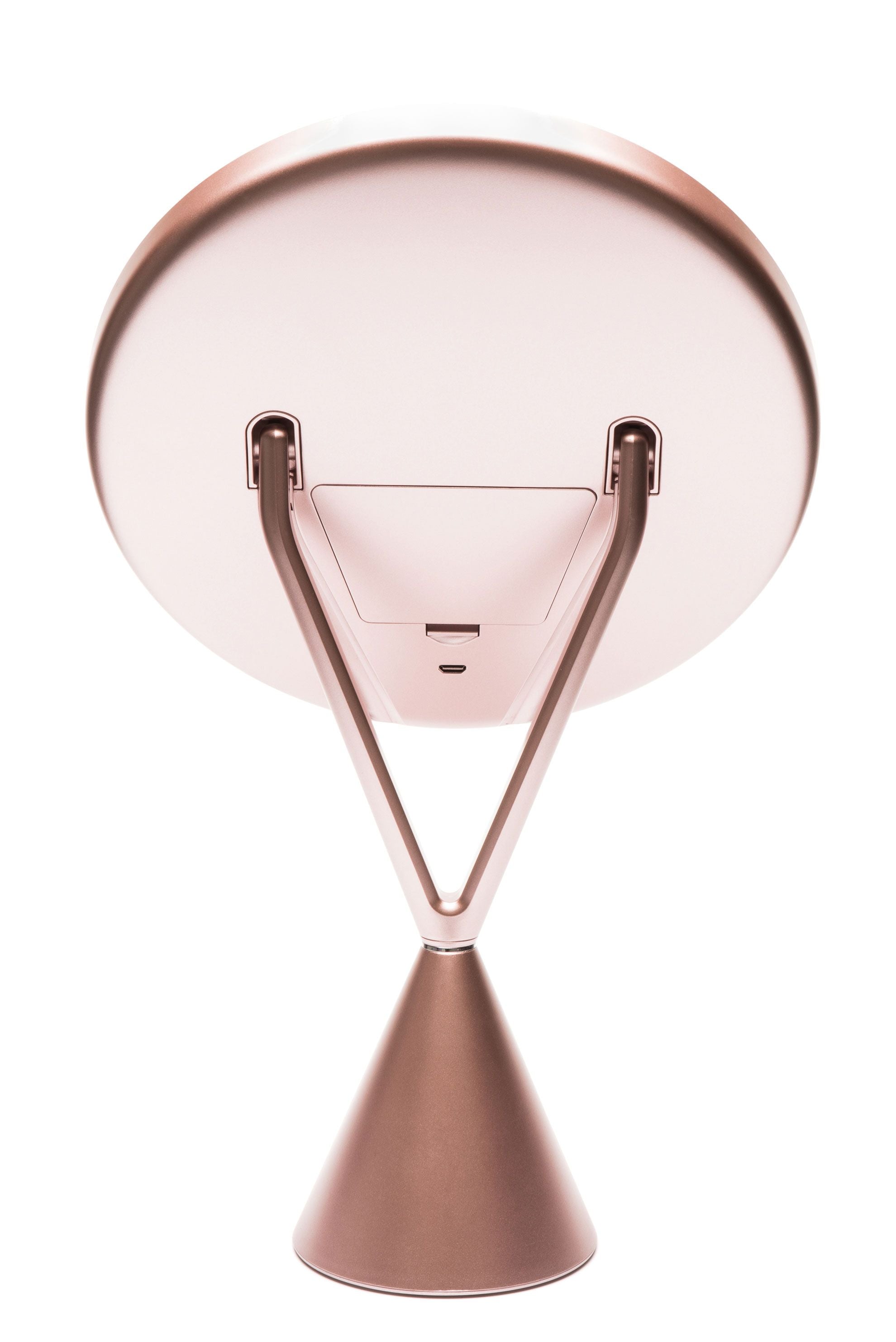 rear view of HD illuminated make up mirror with battery pack and cable port visible