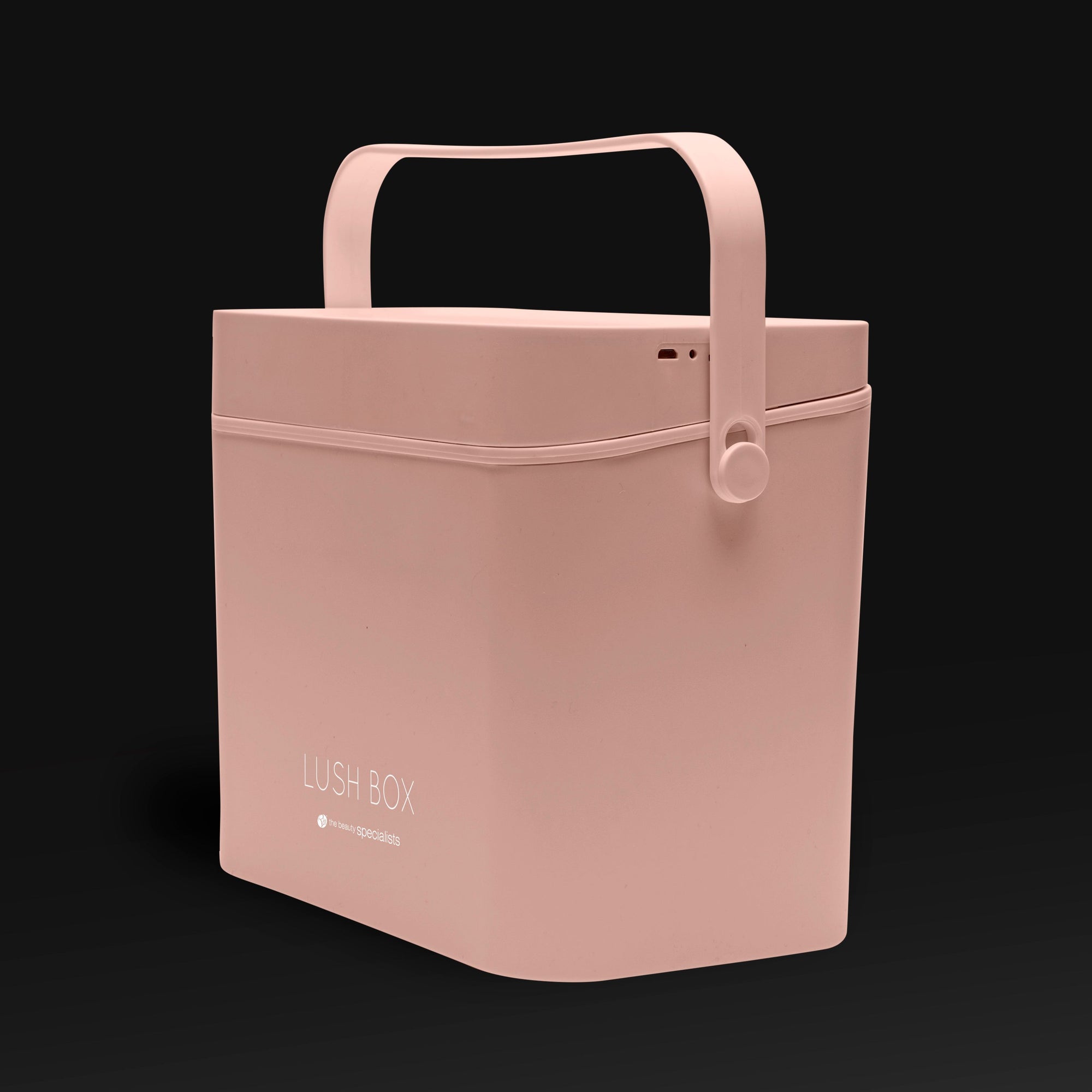 The Rio Lush Box Vanity Case - Large is a minimalist, pale pink beauty storage box with a curved handle, rounded edges, and LUSH BOX on the front, shown against a plain black background.