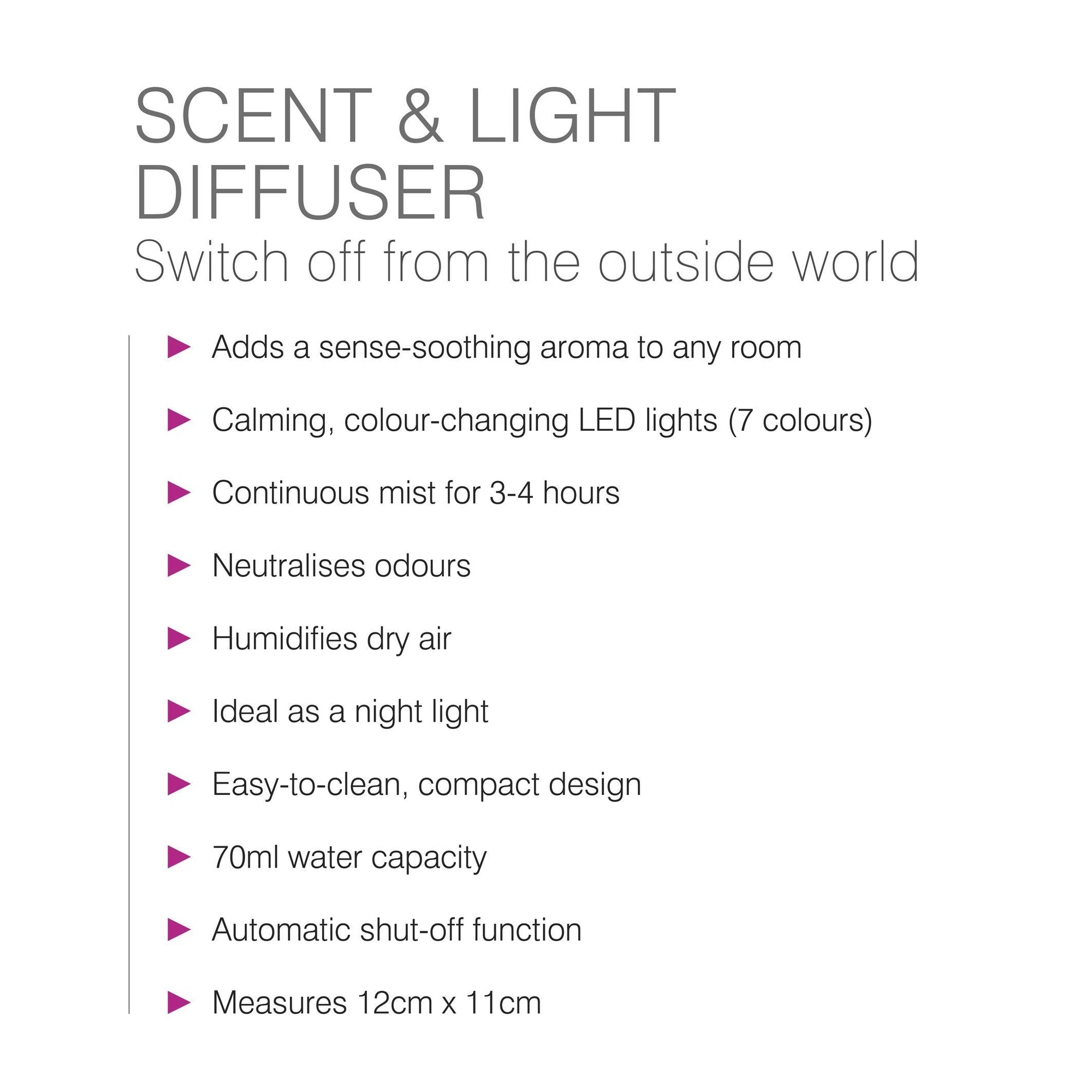 Enhance your space with the Rio Lola Aroma Diffuser, Humidifier and Night Light—compact at 12cm x 11cm, with aroma diffusion, colour-changing LED lights, continuous mist, odour neutralization and auto shut-off.