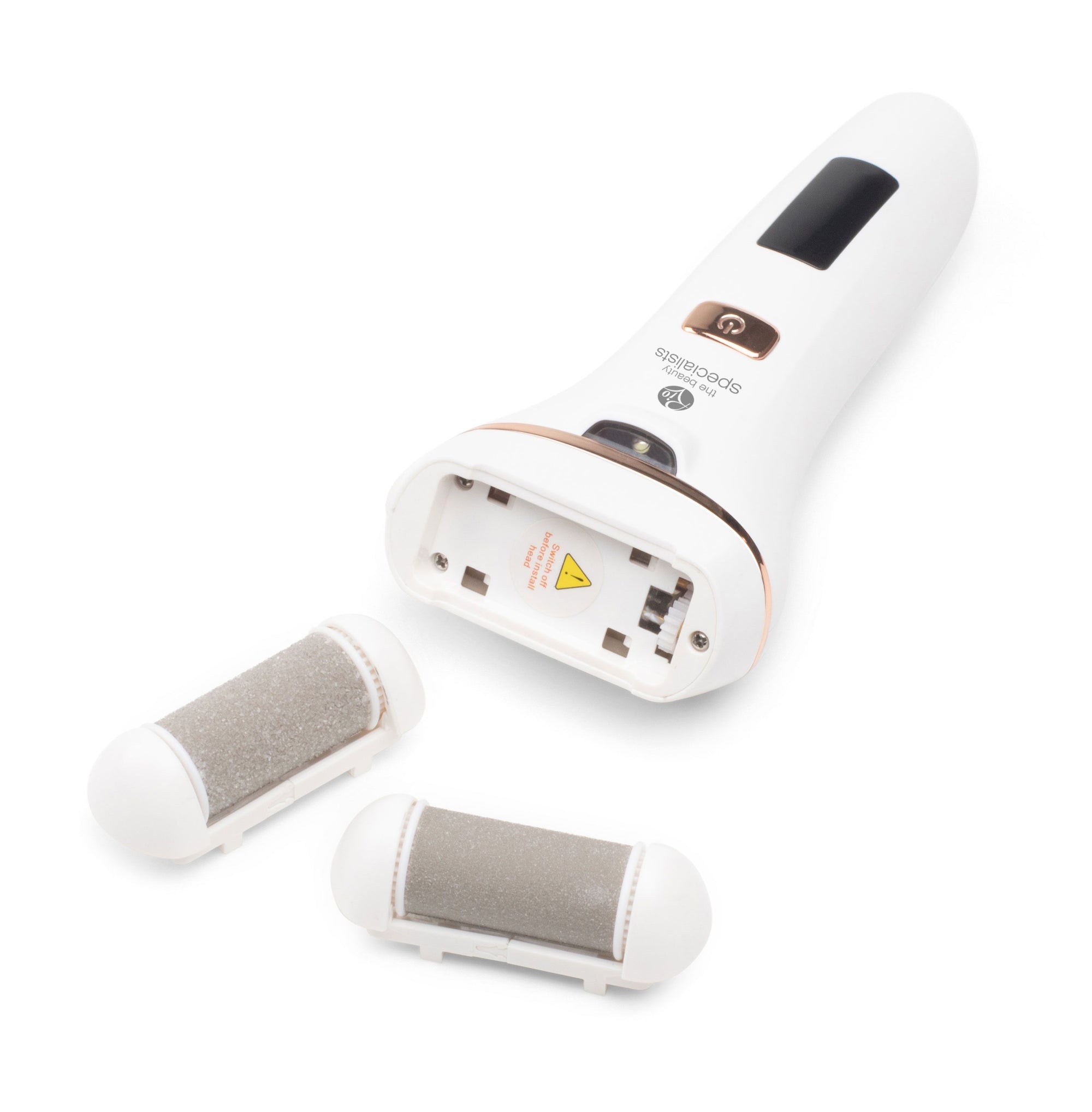 The Rio Go Smooth 60 Second Pedi, a white electronic pedi device with an open battery compartment and two detachable coarse roller heads (Replacement Coarse Roller), is shown as a hard skin remover on a white background.