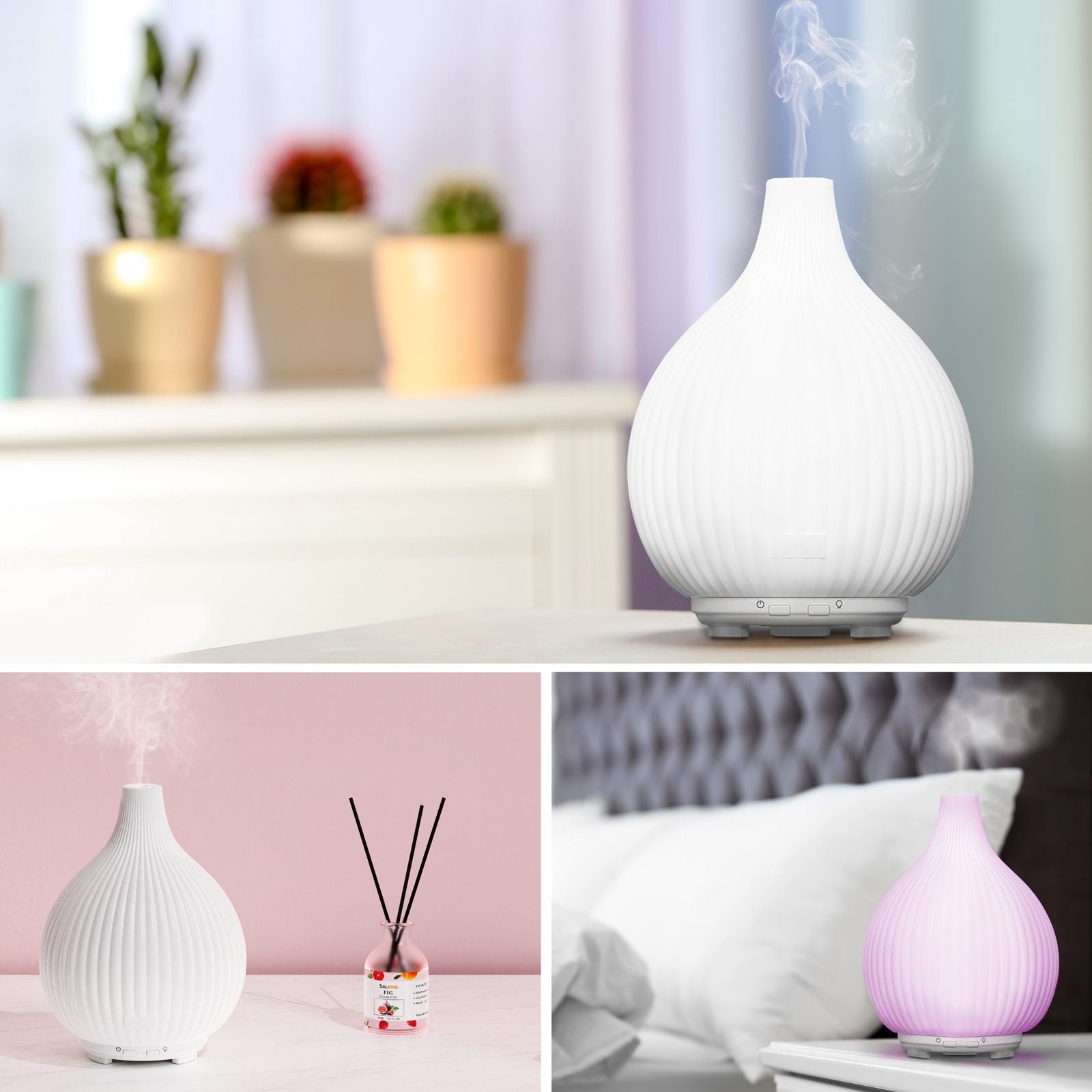 The Rio LYLA Aroma Diffuser, Humidifier & Night-Light emits soothing mist in various rooms—perfect for relaxing by plants, unwinding on a nightstand, or refreshing your space alongside décor.