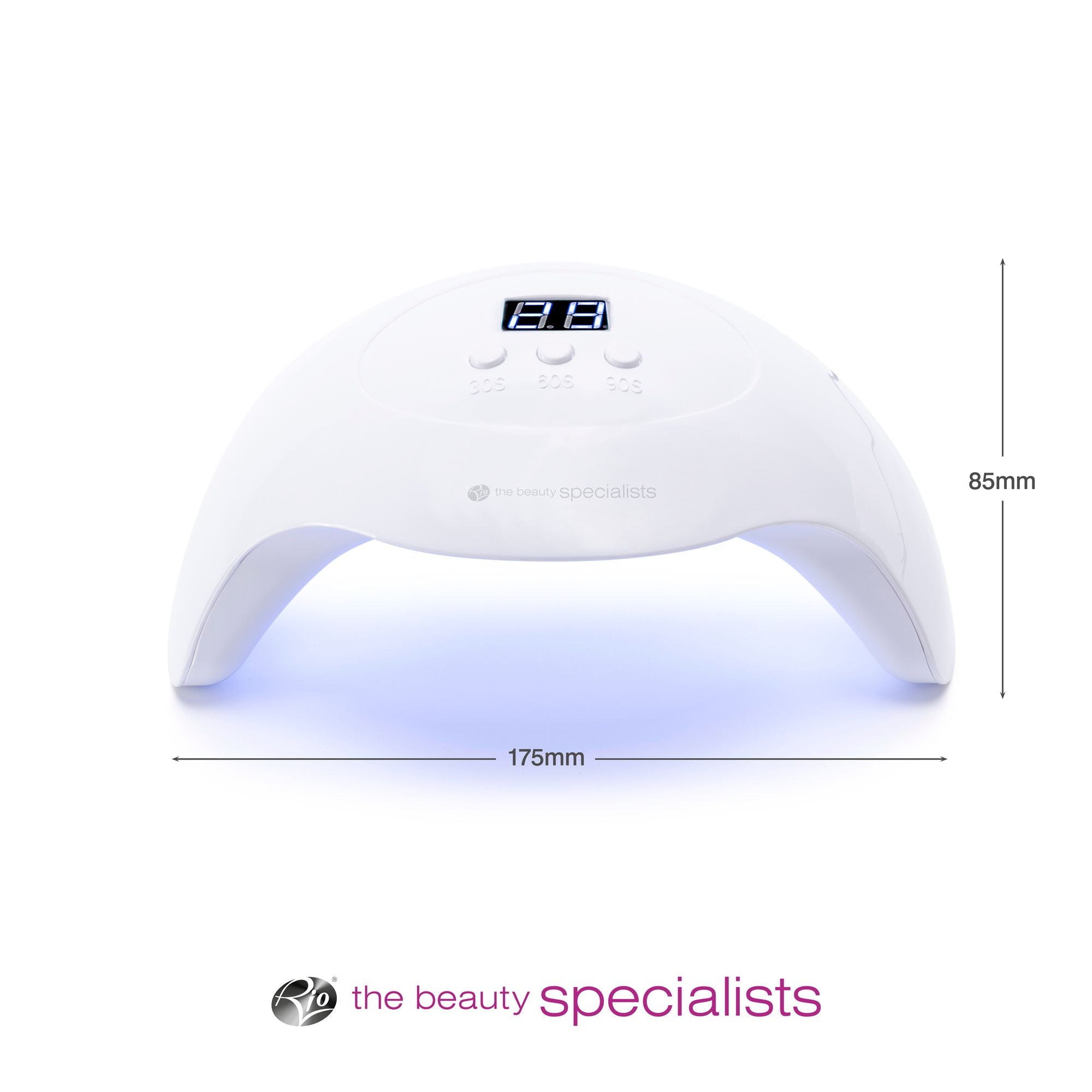 UV Nail lamp 36W dual LED lamp with arrows labelling height 85mm and width 175mm