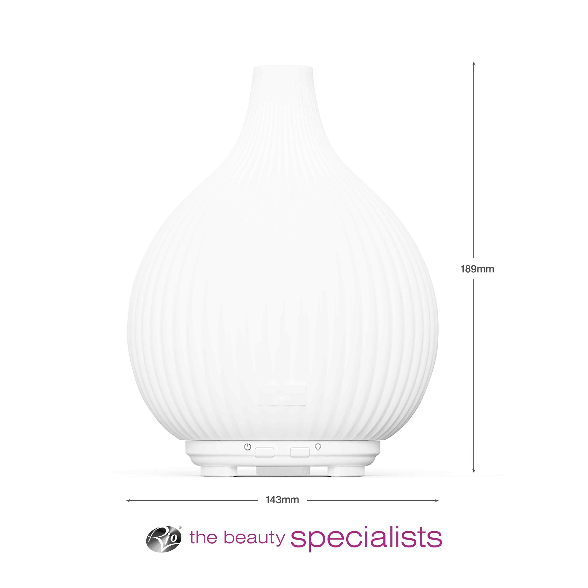 The LYLA Aroma Diffuser, Humidifier & Night-Light by Rio features a white, ribbed teardrop design (189mm tall, 143mm wide)—ideal for relaxation. The Rio logo and the beauty specialists appear below in black and purple text.