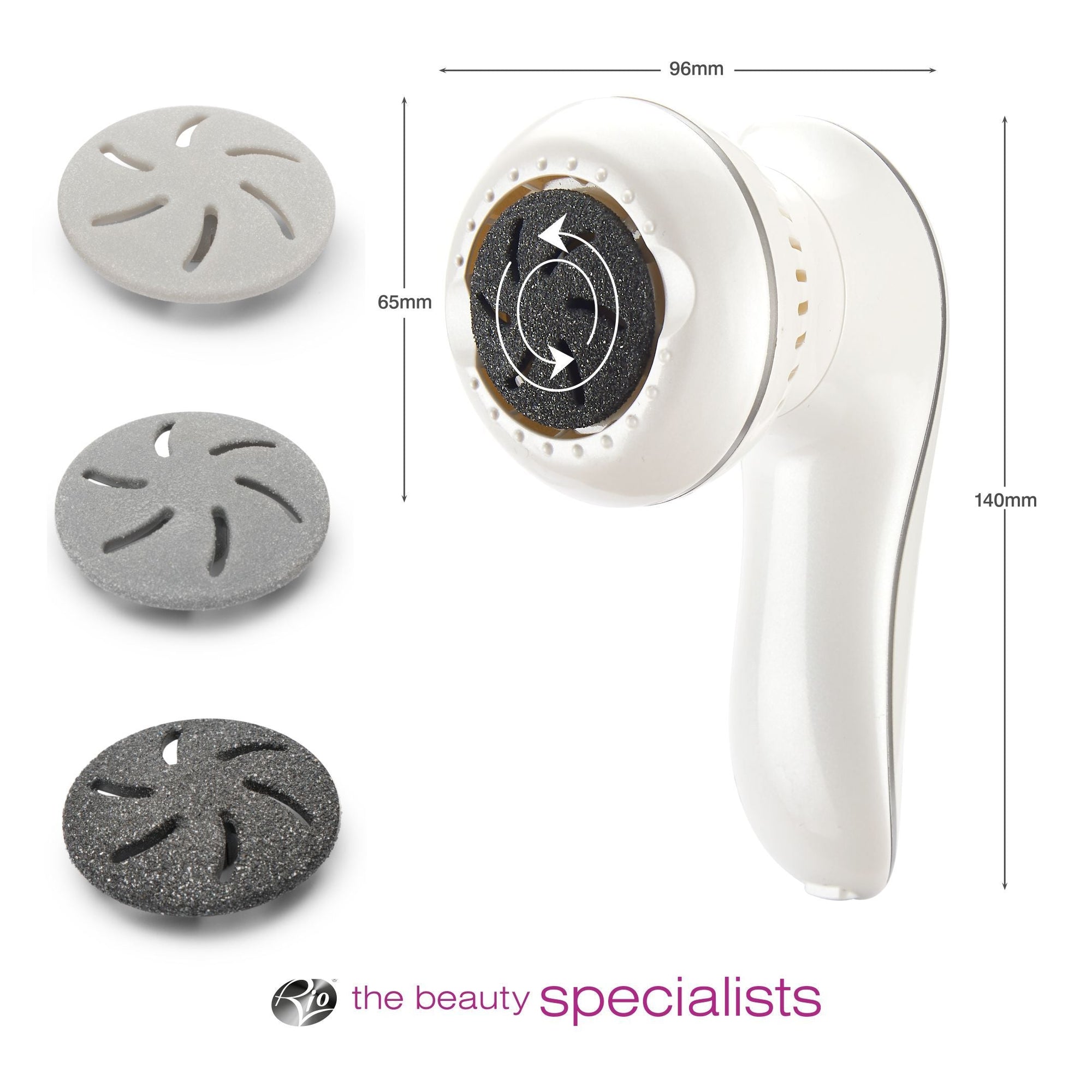 60 second spa pedi with 3 interchangeable sanding heads with arrows labelling height 140mm width 96mm of hand piece and height 65mm of sanding head 