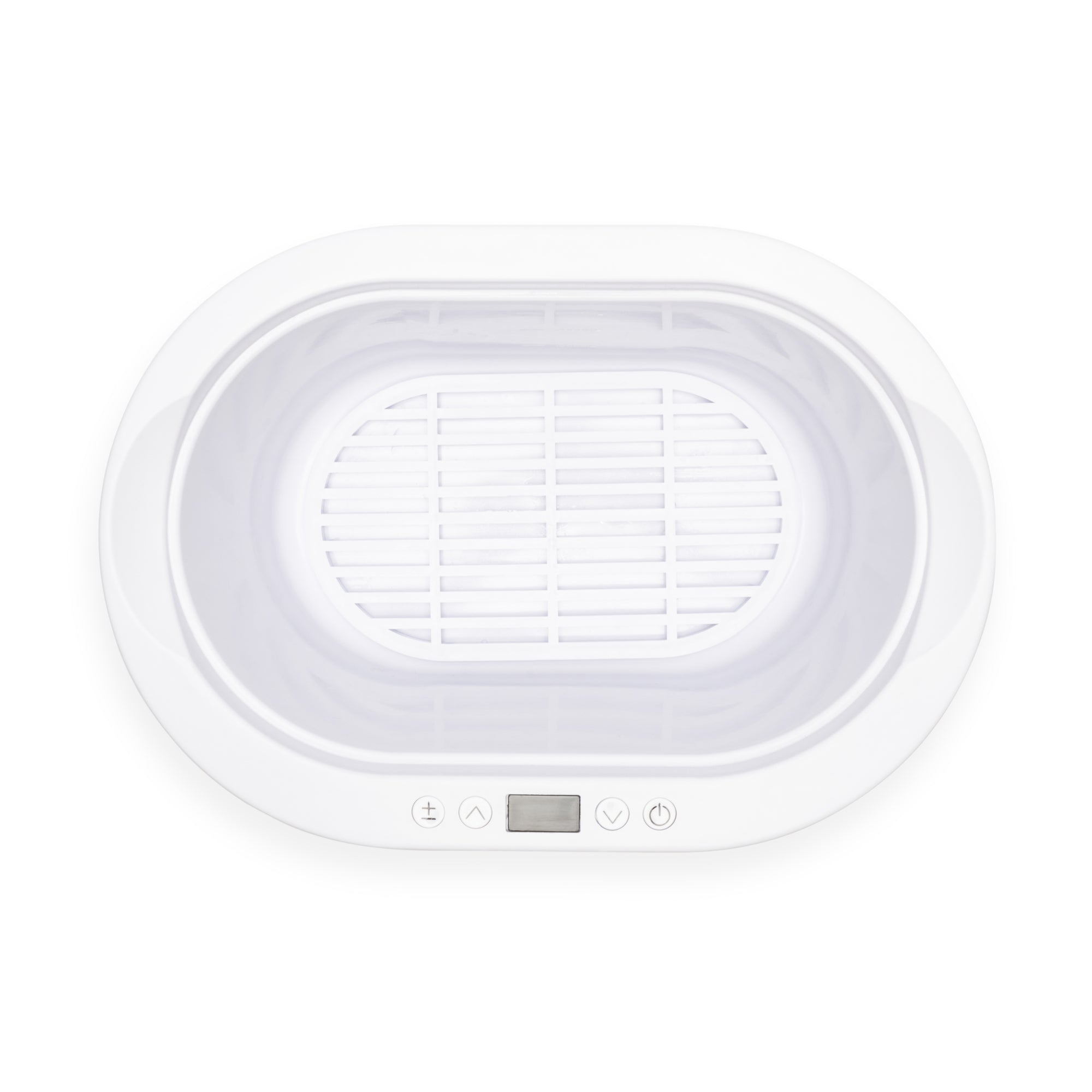 Top view of the Rio Paraffin Wax Heater, featuring a white oval shape, digital display, front control buttons, and removable inner basket—designed to enhance comfort and boost skin hydration.