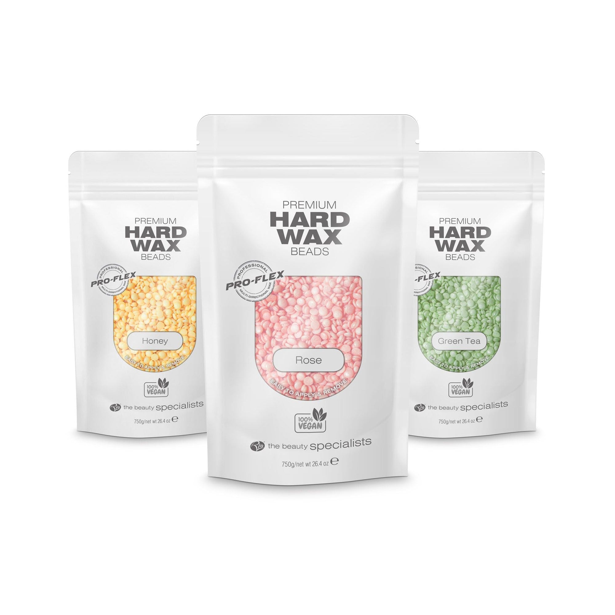 Premium hard wax beads 100% vegan available in honey rose and green tea 