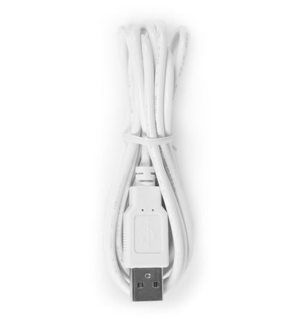 The Rio USB lead for Facial Deep Skin Cleanser is a coiled white cable with a USB-A connector on one end and a Micro-B connector on the other.