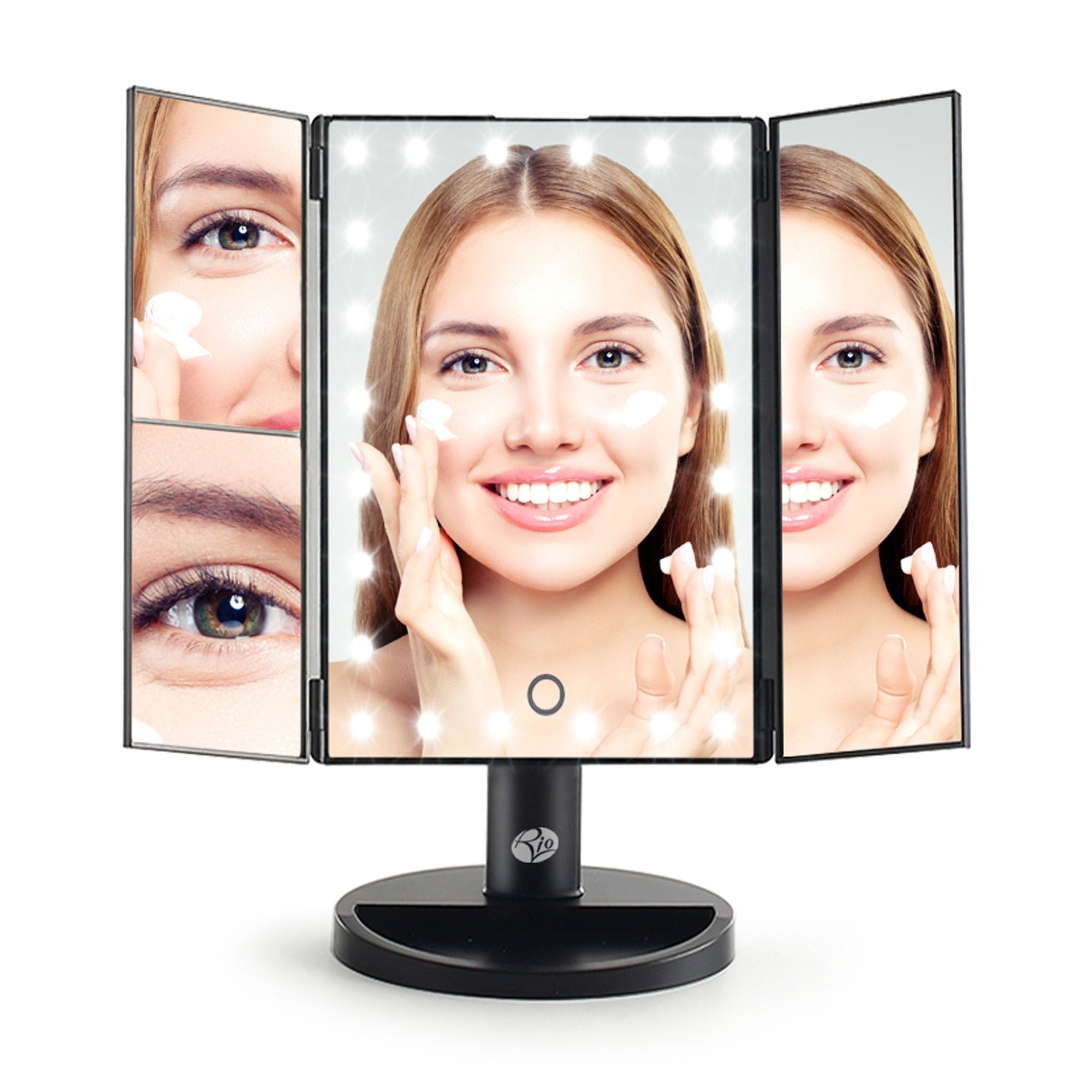 24 LED touch dimmable 3 way make up mirror with 2x and 3x magnification with illuminated LED lights and reflection of ladies face applying skincare  