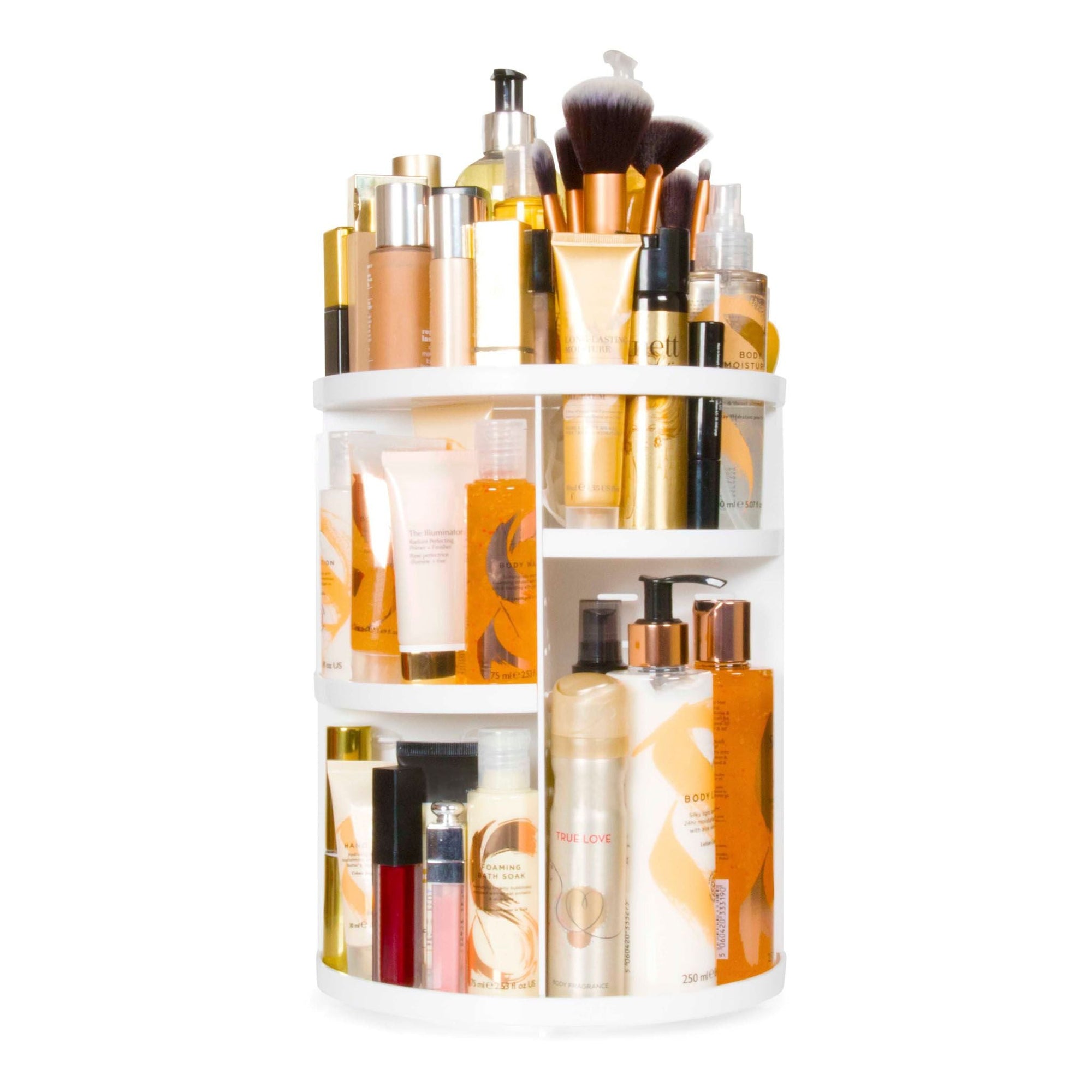 The Rio Cosmetic & Brush Storage Carousel is a white rotating organizer, ideal for stylishly storing gold, white, and orange beauty products—like bottles, tubes, sprays, and makeup brushes—for easy access.
