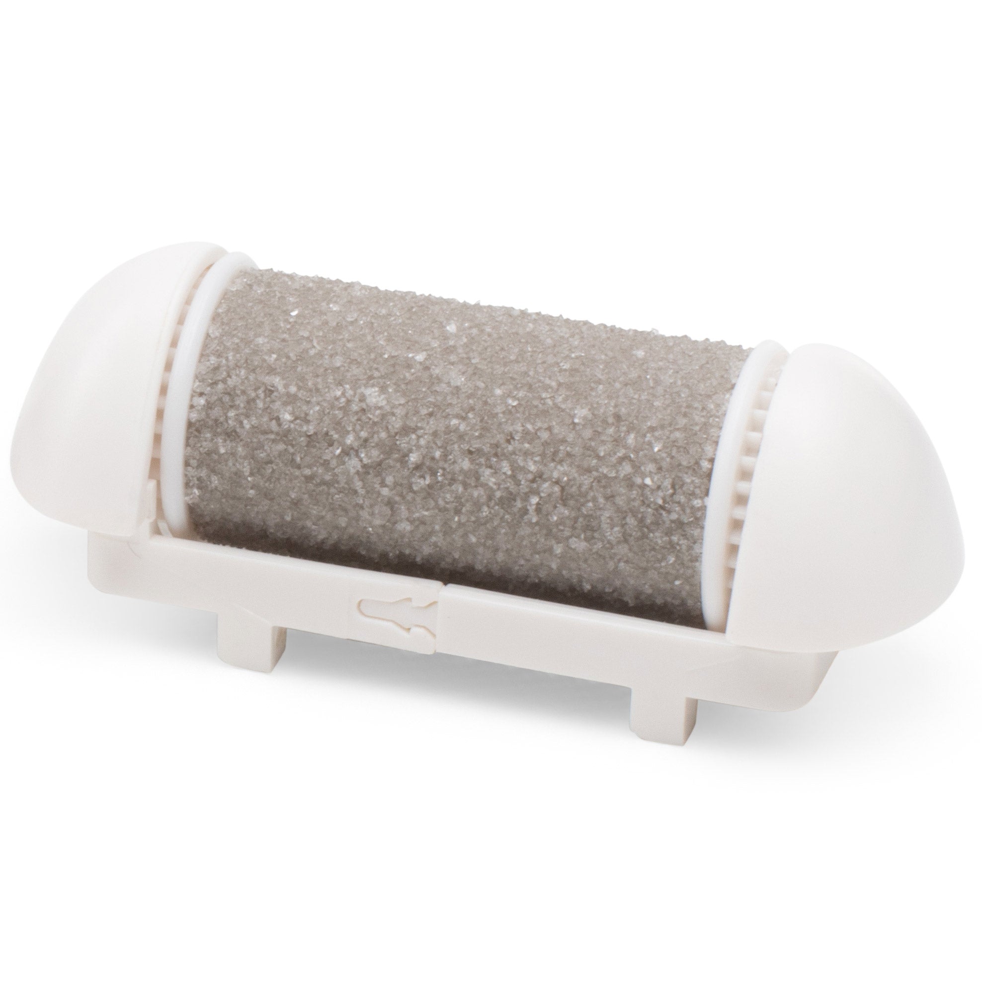A close-up of the Rio Replacement Coarse Roller for the Go Smooth 60 Second Pedi, with a rough gray surface and white end caps—perfect as a hard skin remover for pedi use.